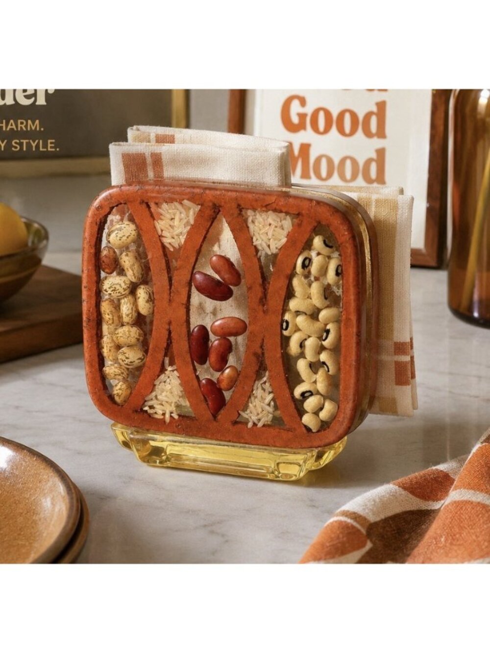 Vintage 70s Mid Century Resin Beans Filled Napkin Holder MCM 1970s Kitchen Decor